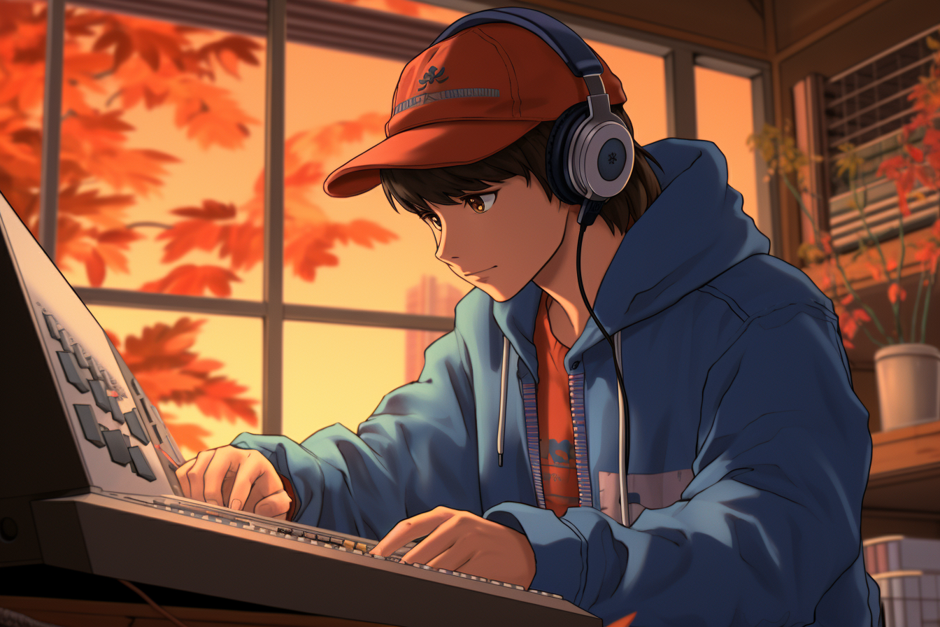 Anime music producer with trucker hat creating beats