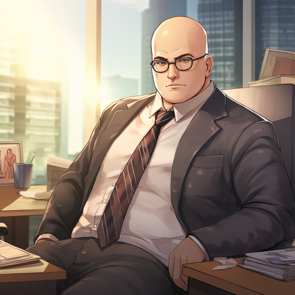 Anime office worker: bald, glasses, fat