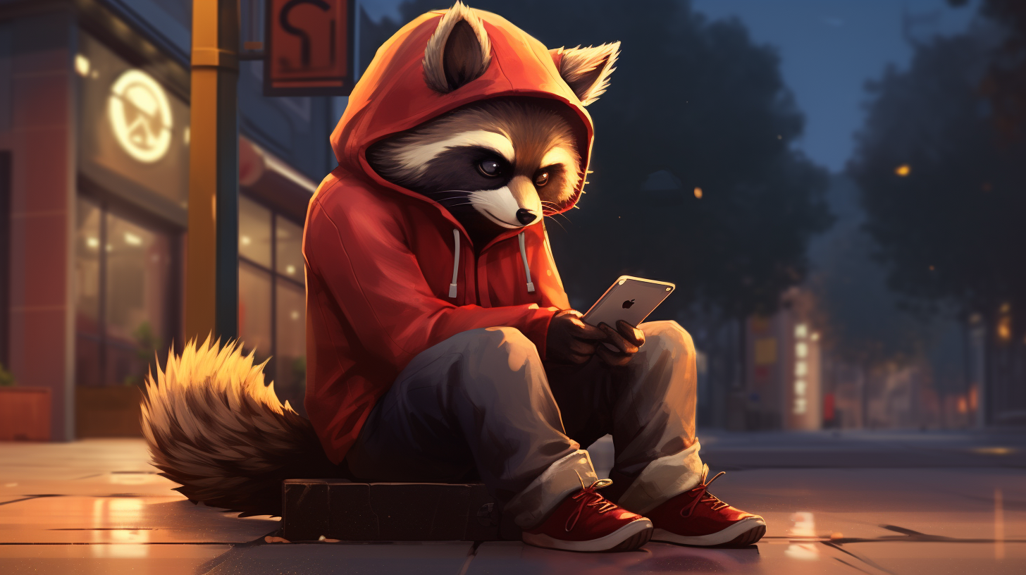 Anime raccoon wearing red hoodie and browsing