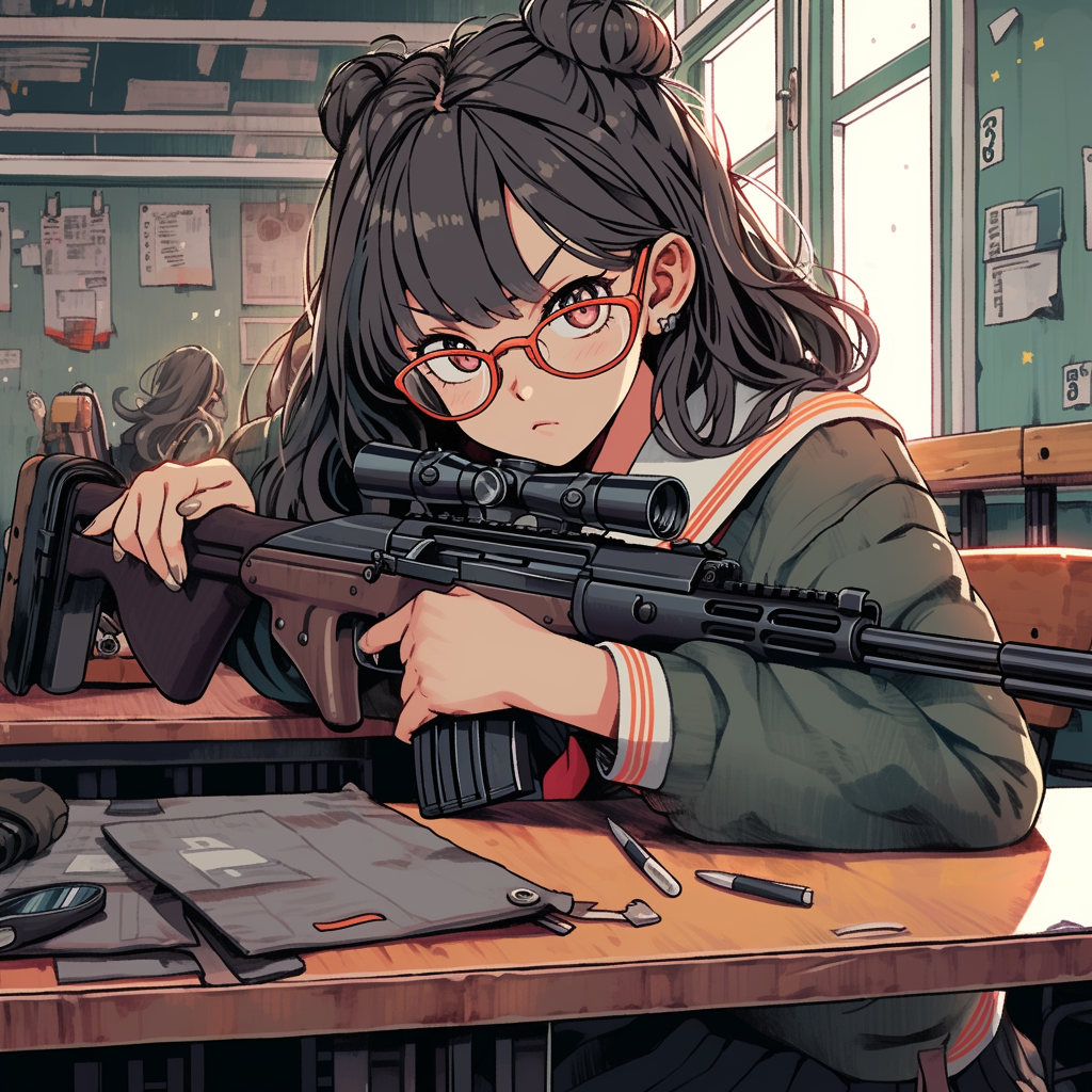 Anime school girl with sniper rifle