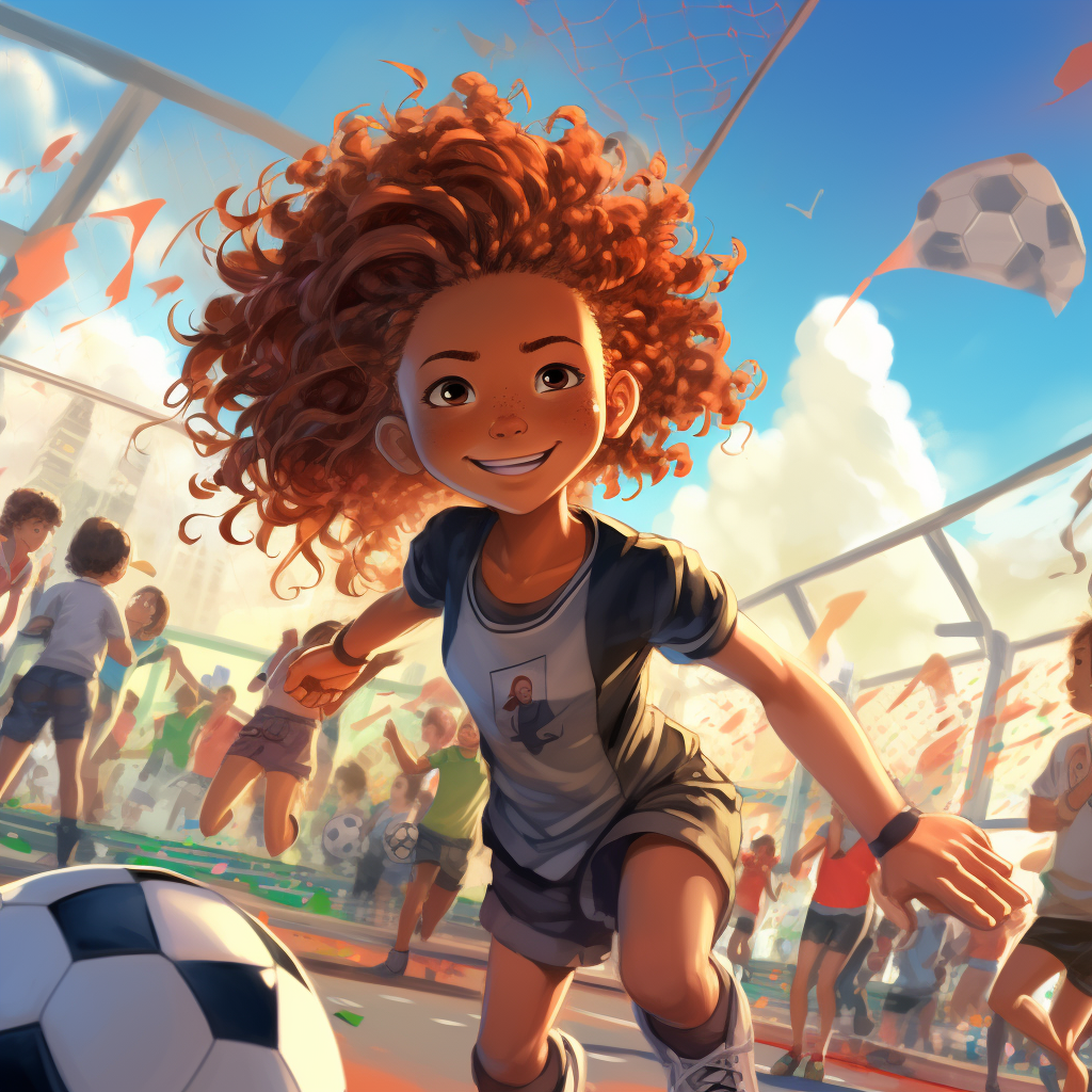 8-year-old anime soccer girl scoring goal