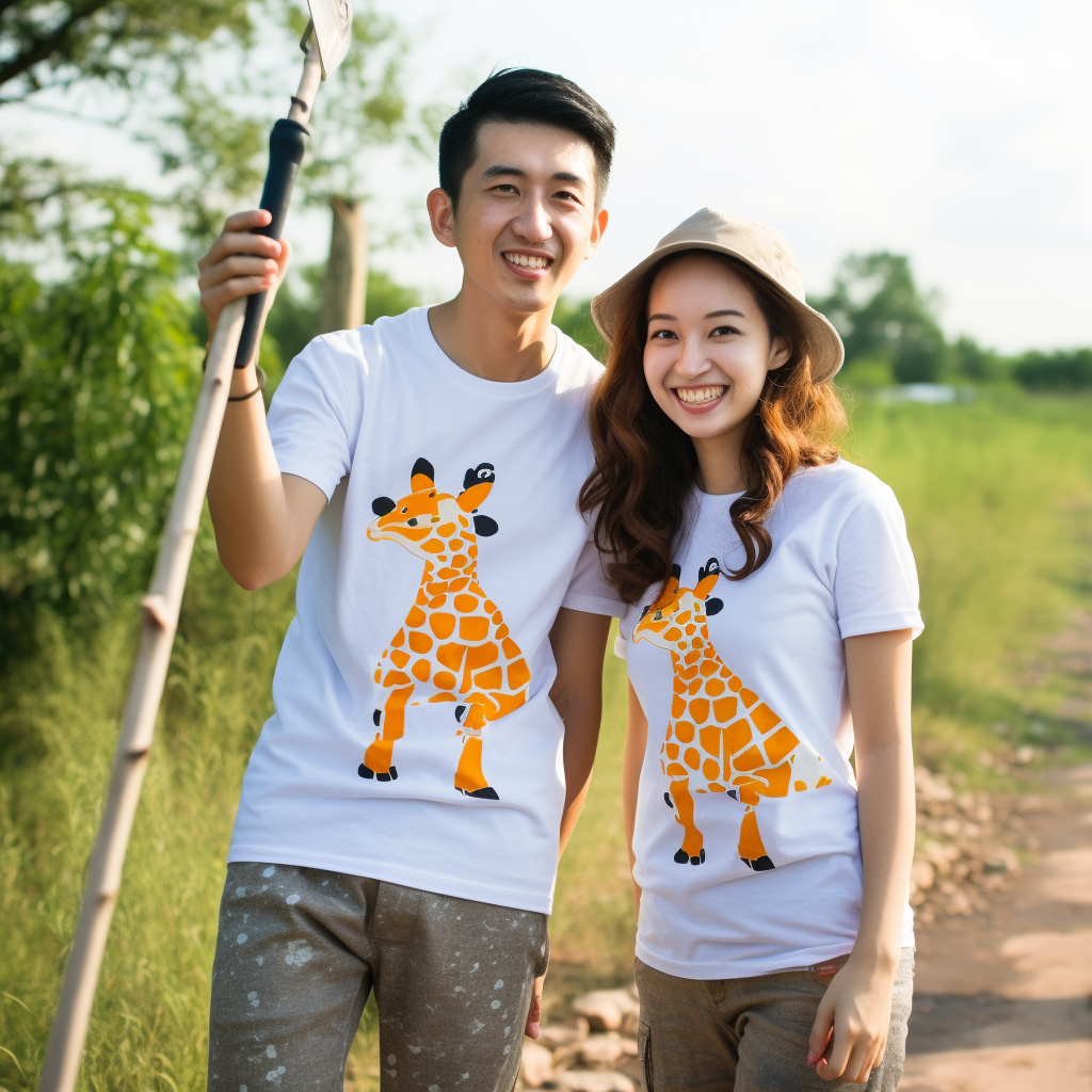 Happy Uzbek and Azerbaijani anime-style couple with giraffe