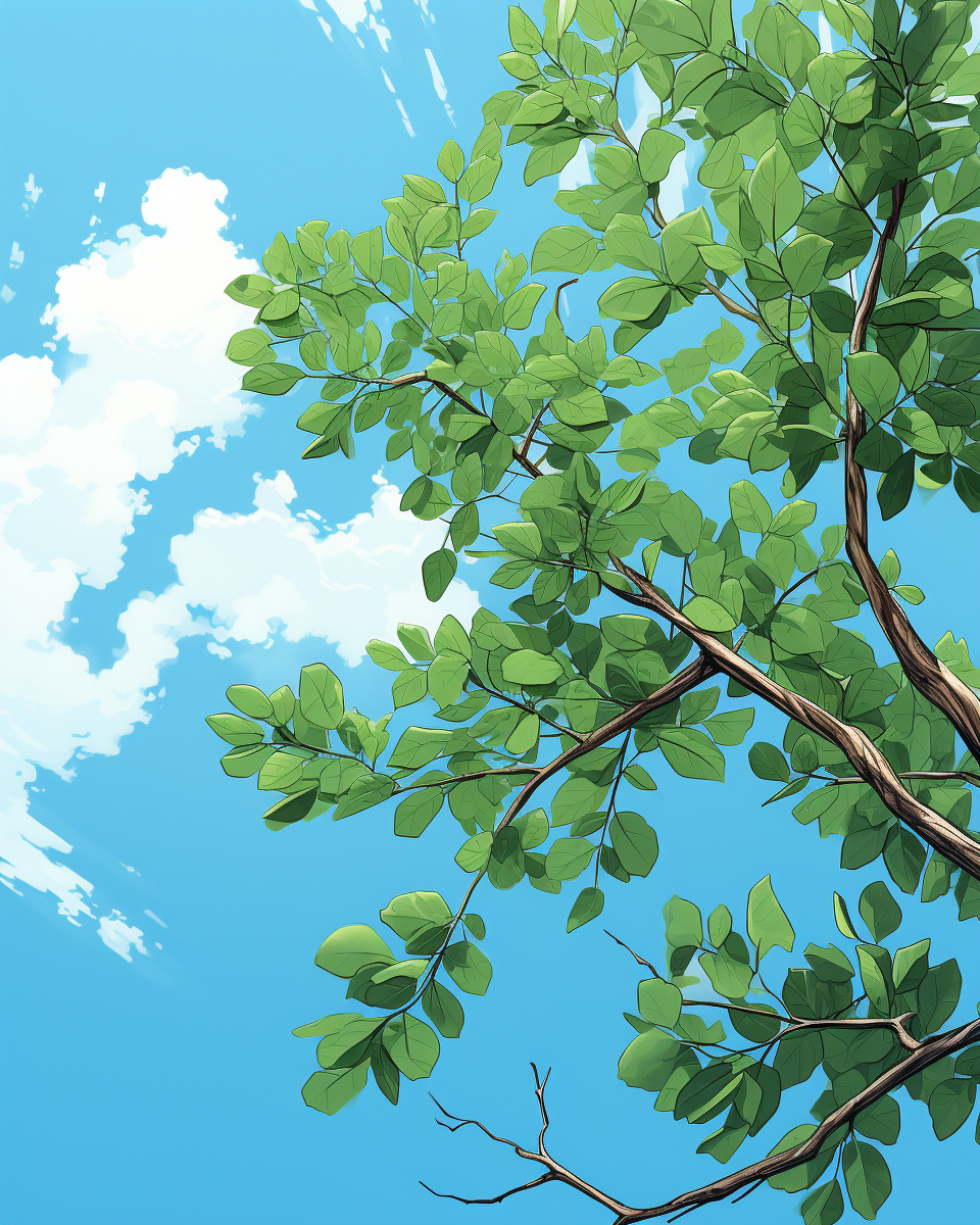 Anime tree branch with leaves against blue sky