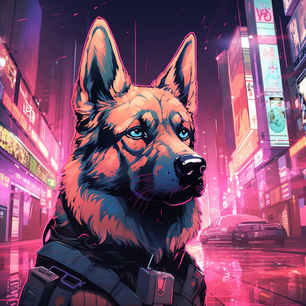 Stylish German Shepherd Dog Walking in Anime Vaporwave Scene