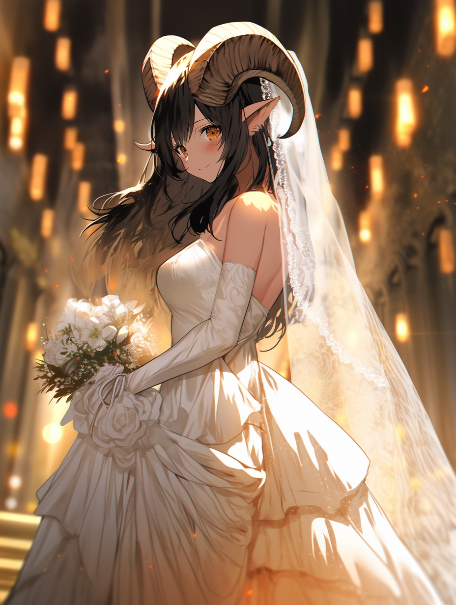 Elegant anime woman in wedding dress