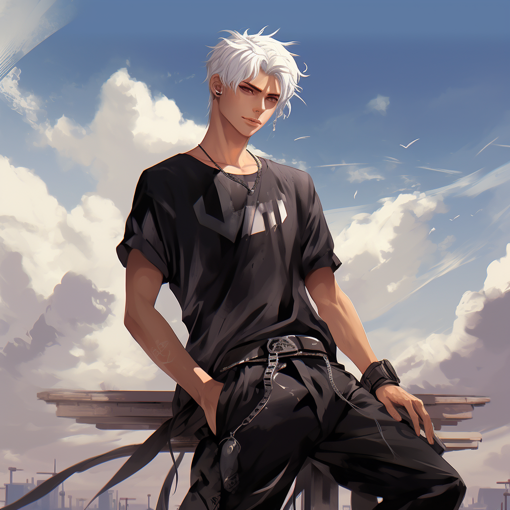 Anime guy with white hair in techcore attire