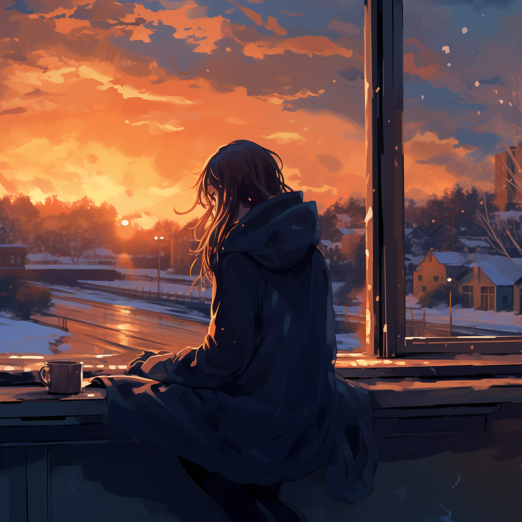 Anime character admiring winter sunrise through window