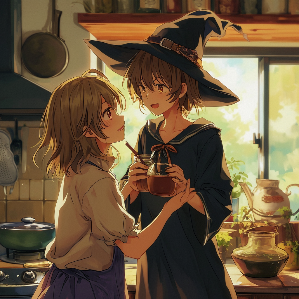 Cute anime witch girl and potion