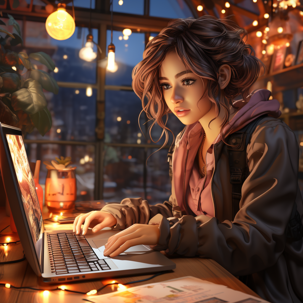 Young woman searching on laptop in cafe ?