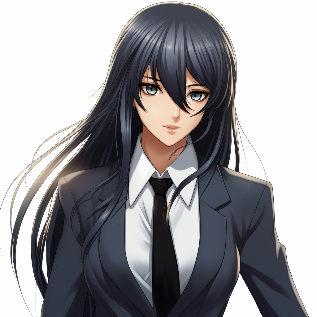 Anime woman office worker in black suit smiling