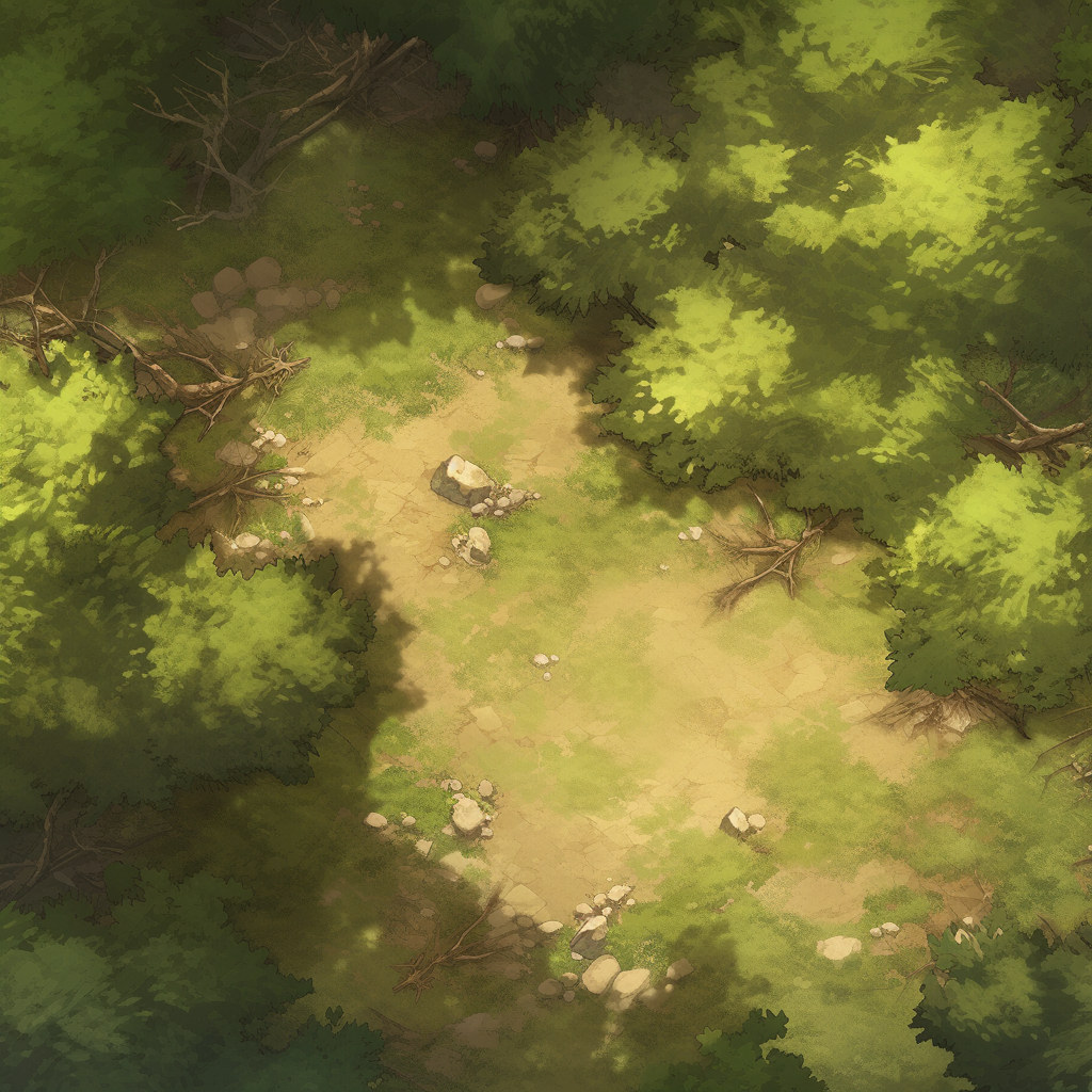 Aerial view of an anime-style forest with sunlight