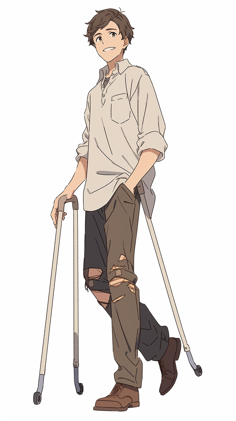 Smiling anime young man on crutches