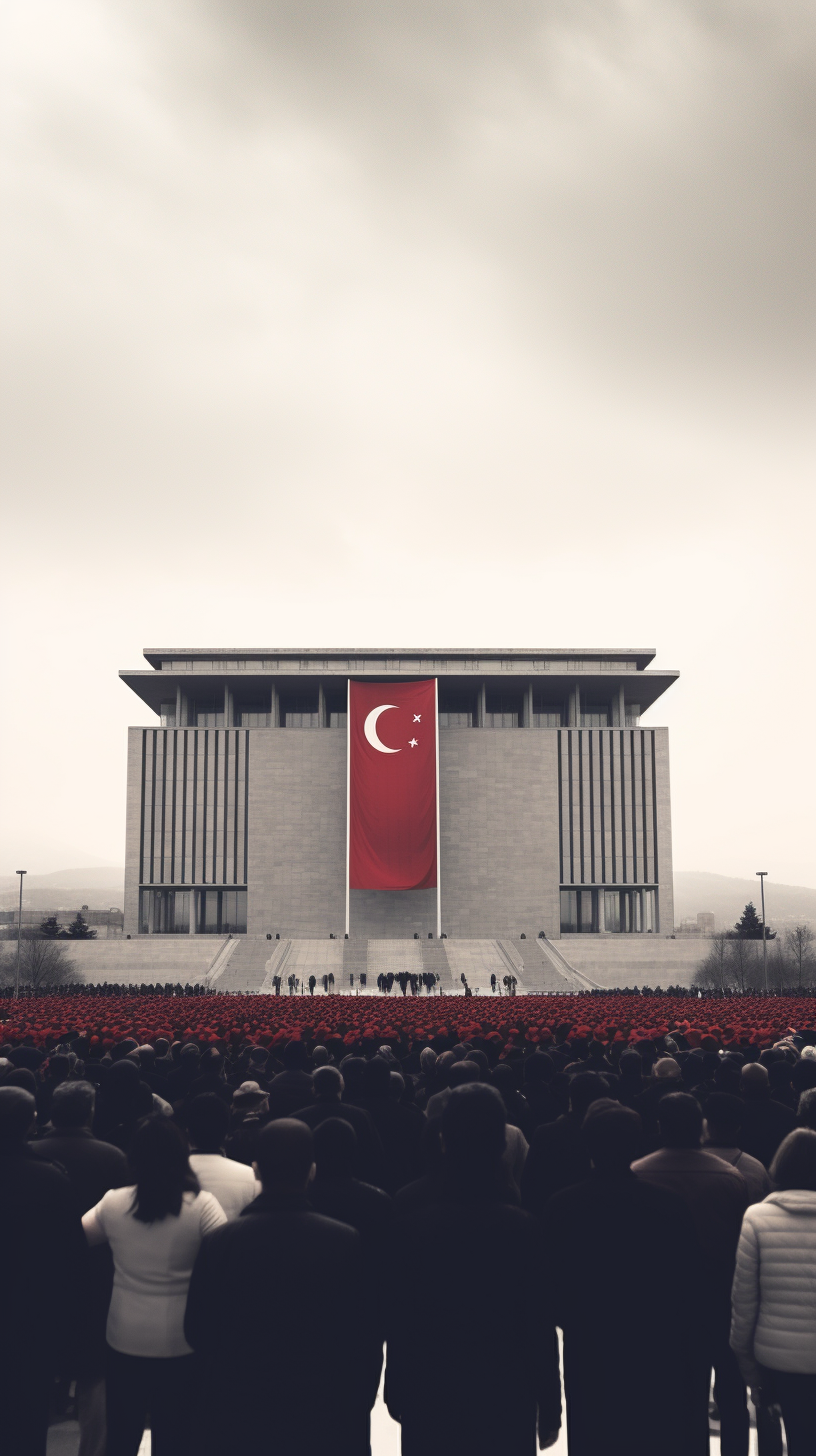 Crowd standing still, grayscale Anıtkabir flag