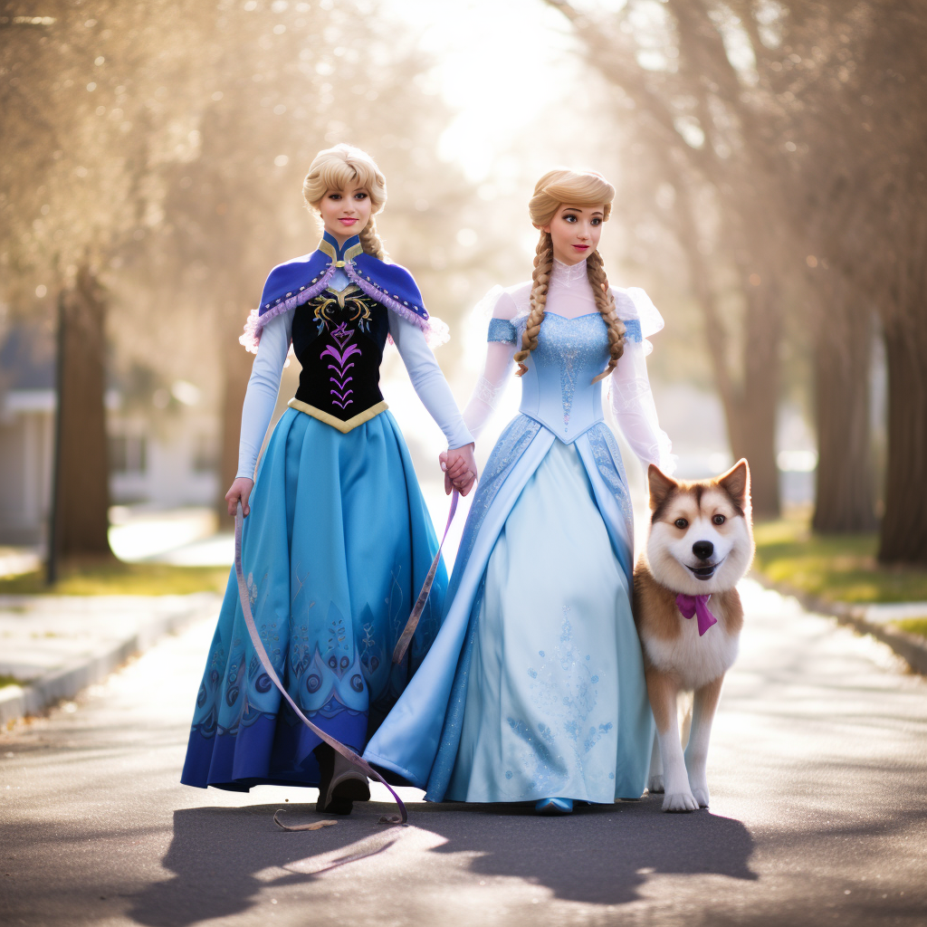 Anna and Elsa in princess costumes walking with dog