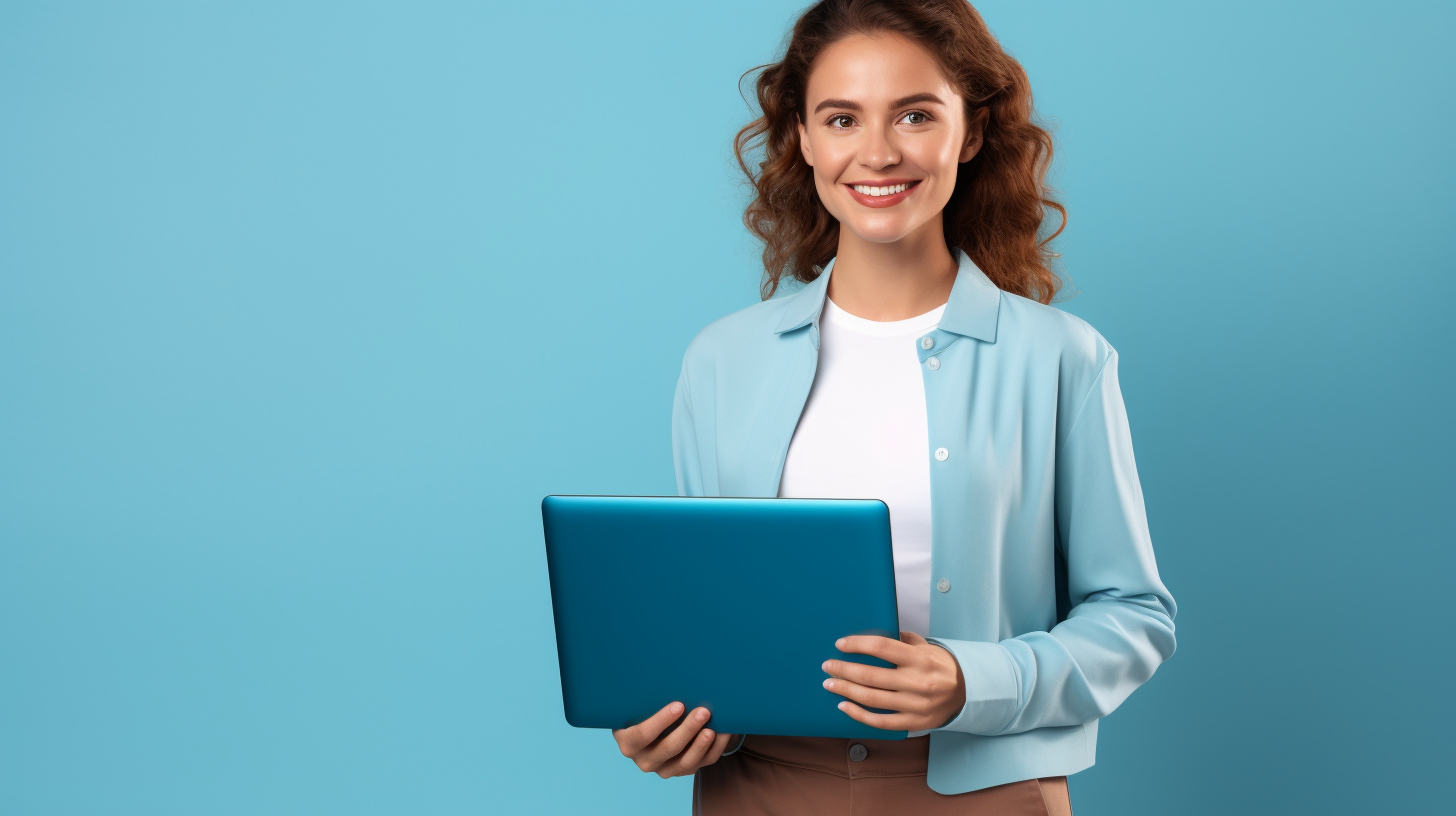 Smiling web developer Anna with laptop