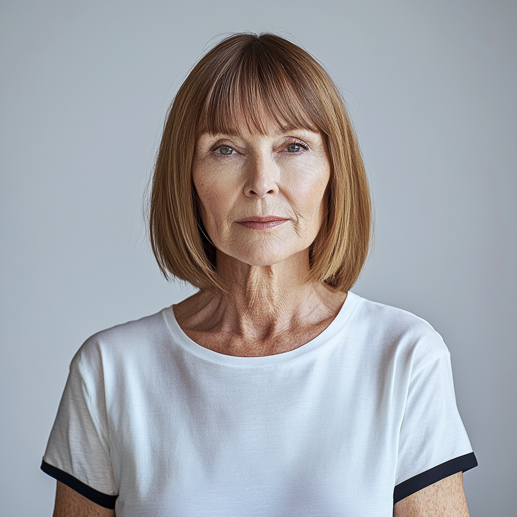 anna wintour in black shirt on white glass.