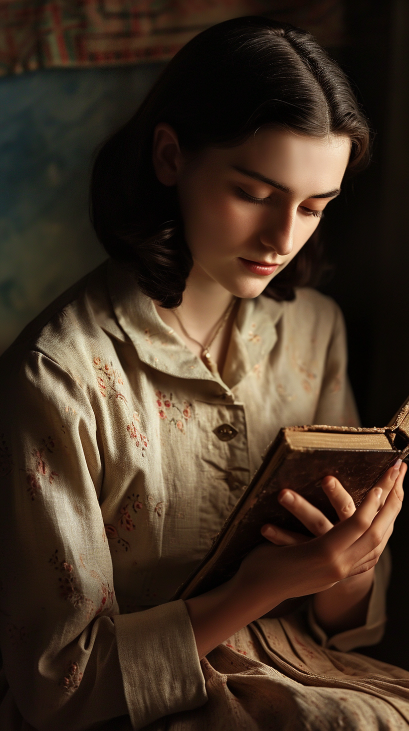 Anne Frank holding her diary on 13th birthday