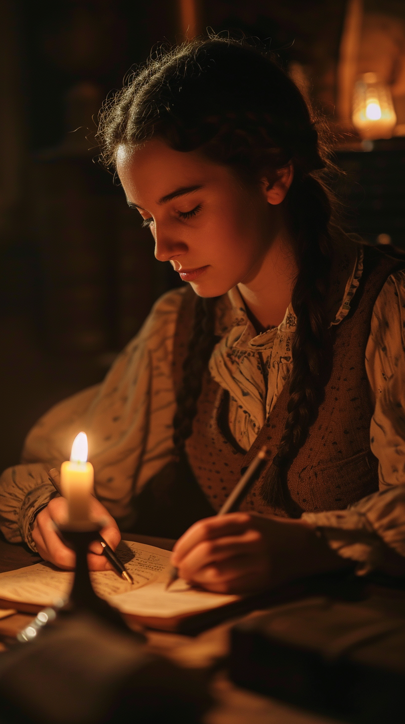 Anne Frank writing in her diary by candlelight