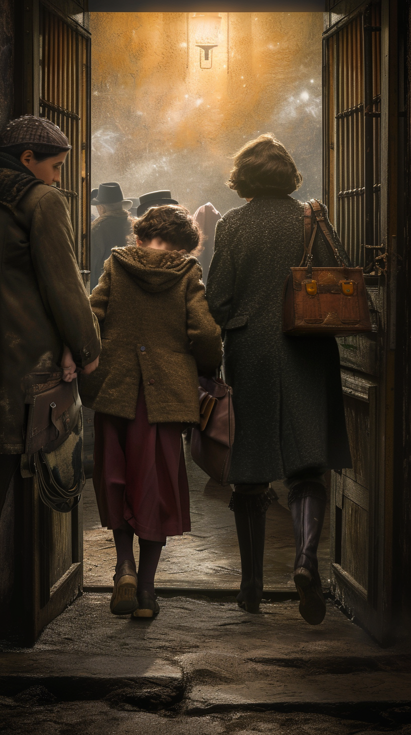 Anne Frank and family escaping soldiers in shelter building