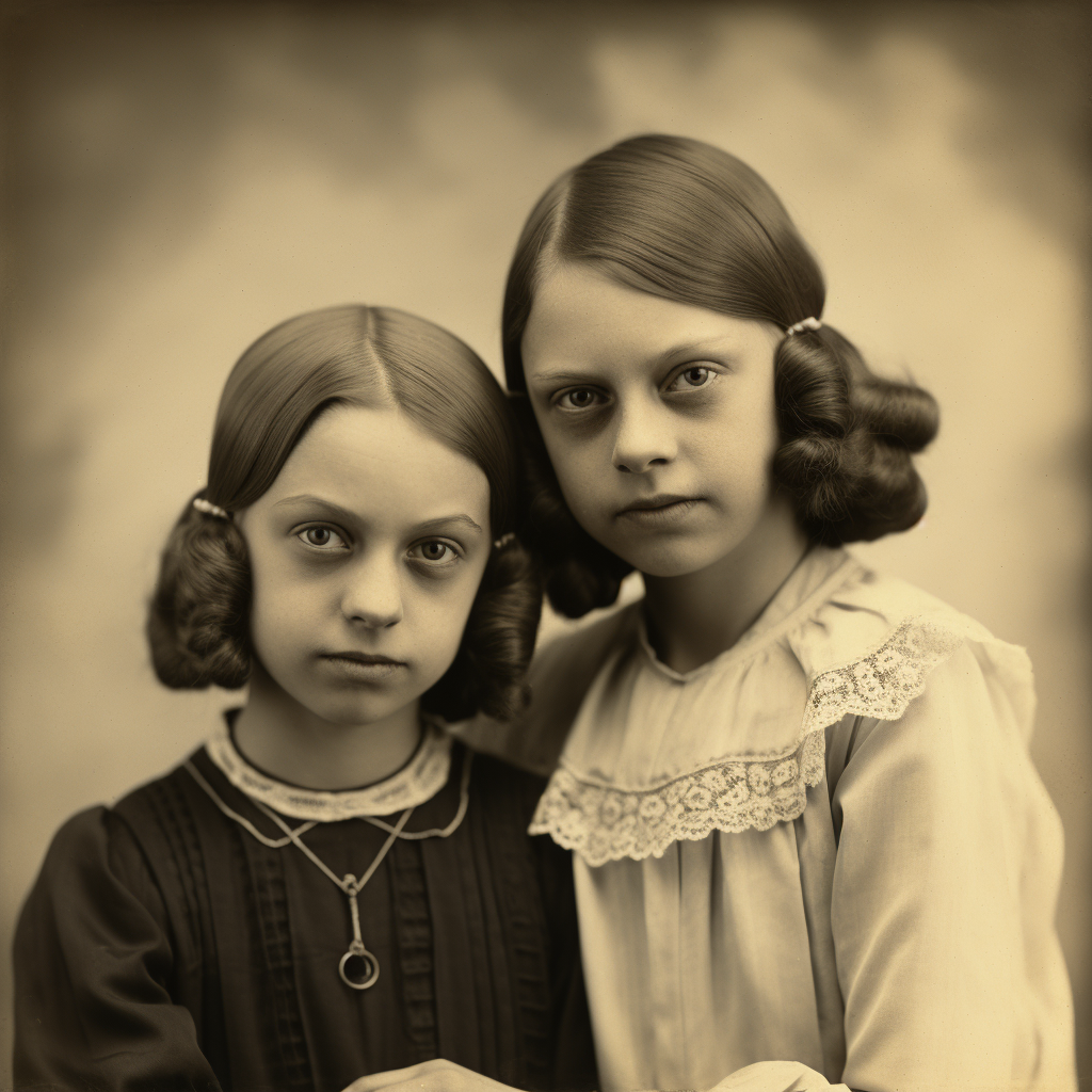 Studio photograph of grammar school-age sisters Anne & Maye