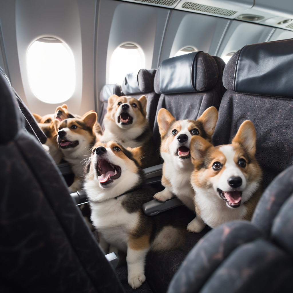 Annoyed corgi on a plane with crying babies