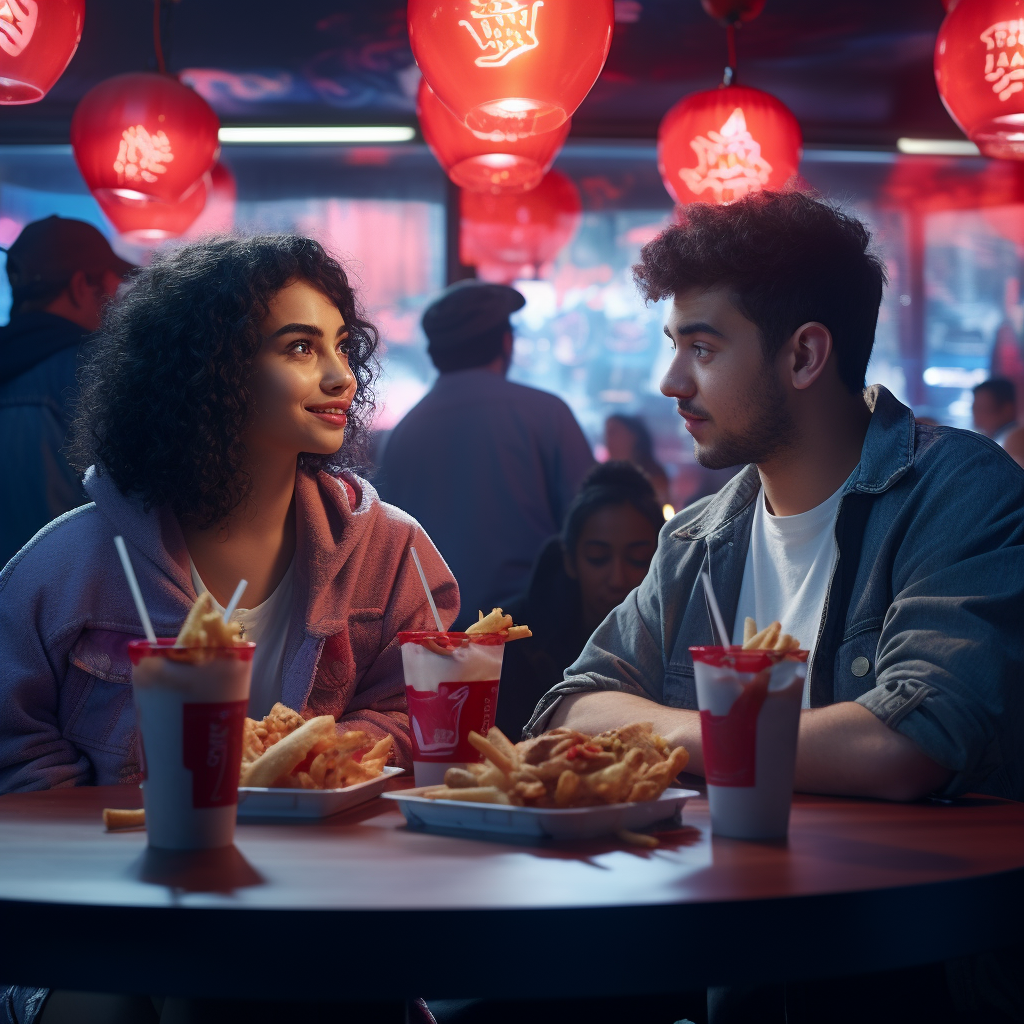 Annoyed couple arguing at fast food restaurant