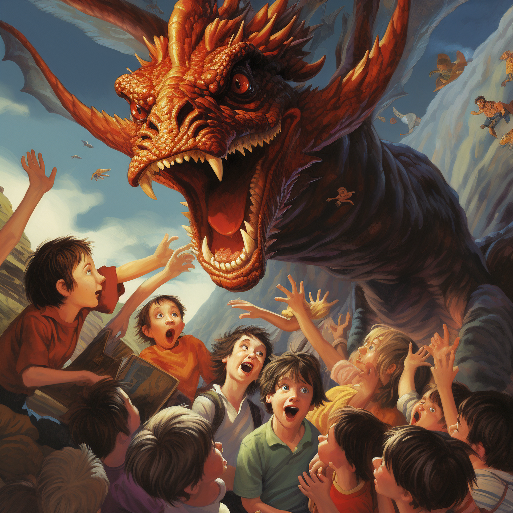 Annoyed Dragon with Children Touching Him