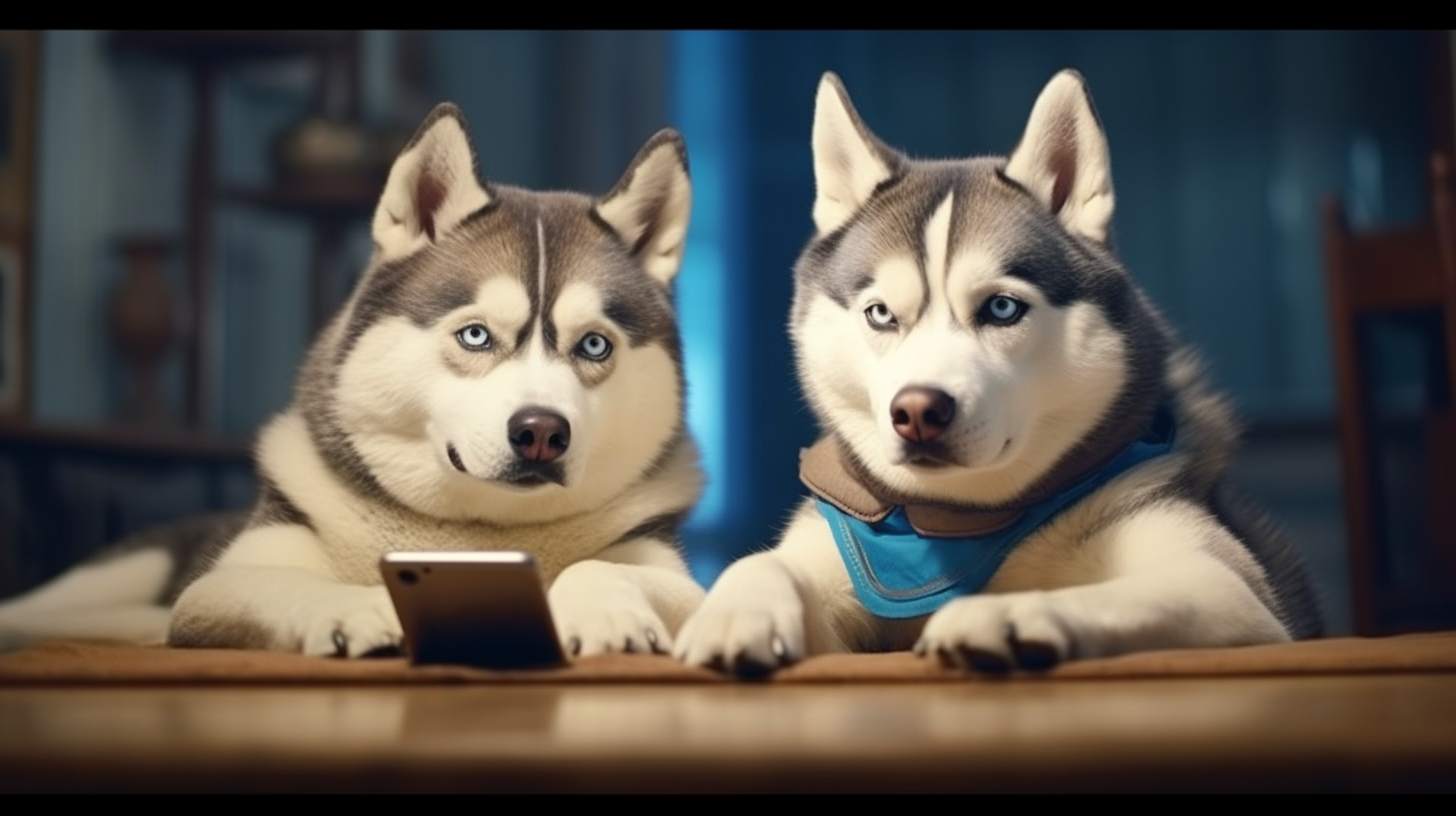 Two Husky Dogs with Smartphones