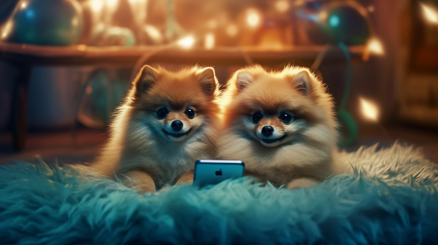 Two annoyed Pomeranian dogs with smartphones