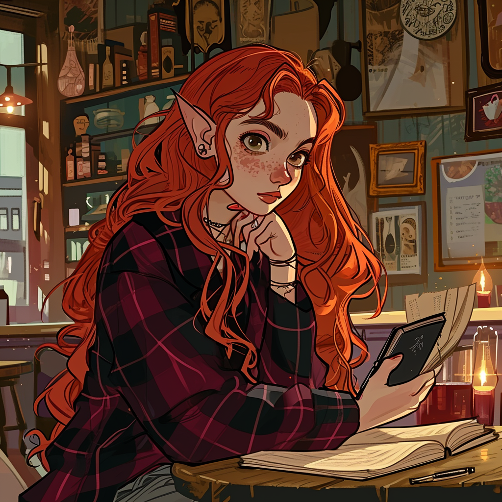 Annoyed red-haired female halfling wizard in coffee house with spellbook