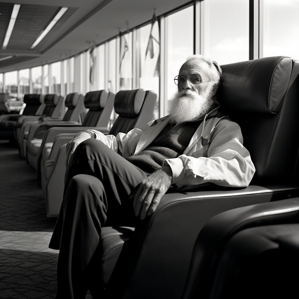 Ansel Adams sitting in airport lounge