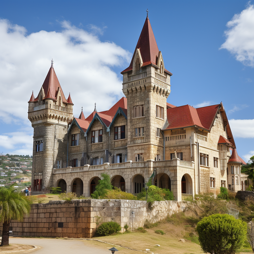 Imposing stone building with gray roof and towers