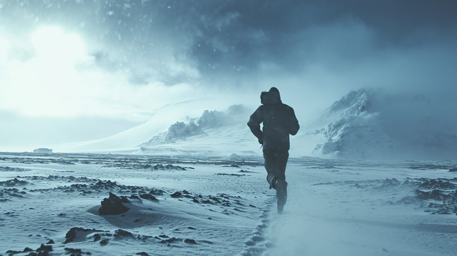 Man running away from horizon in Antarctica