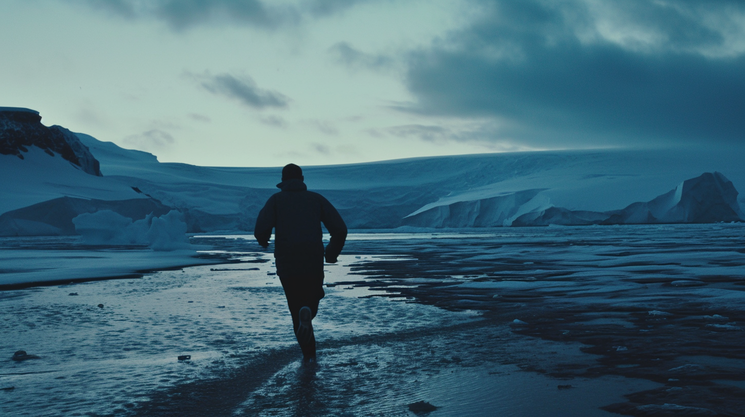 Man running in Antarctica in terror