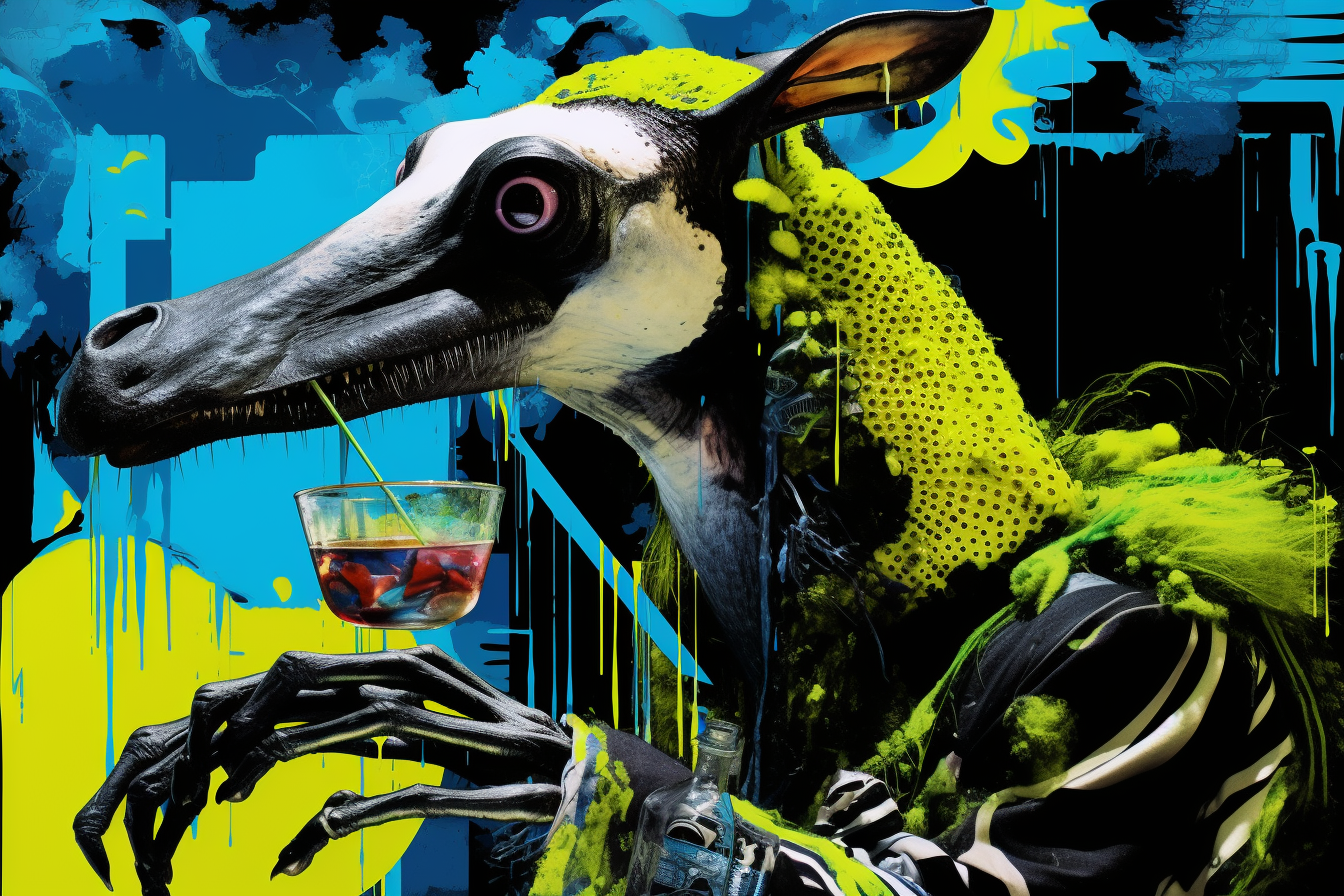 Anteater queen eating black sock against vibrant rainy background