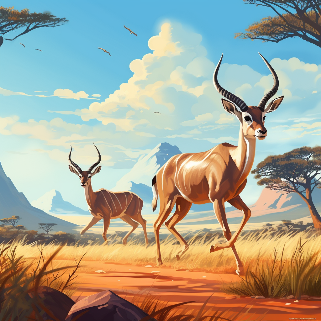 Fleeing antelopes in beautiful landscape