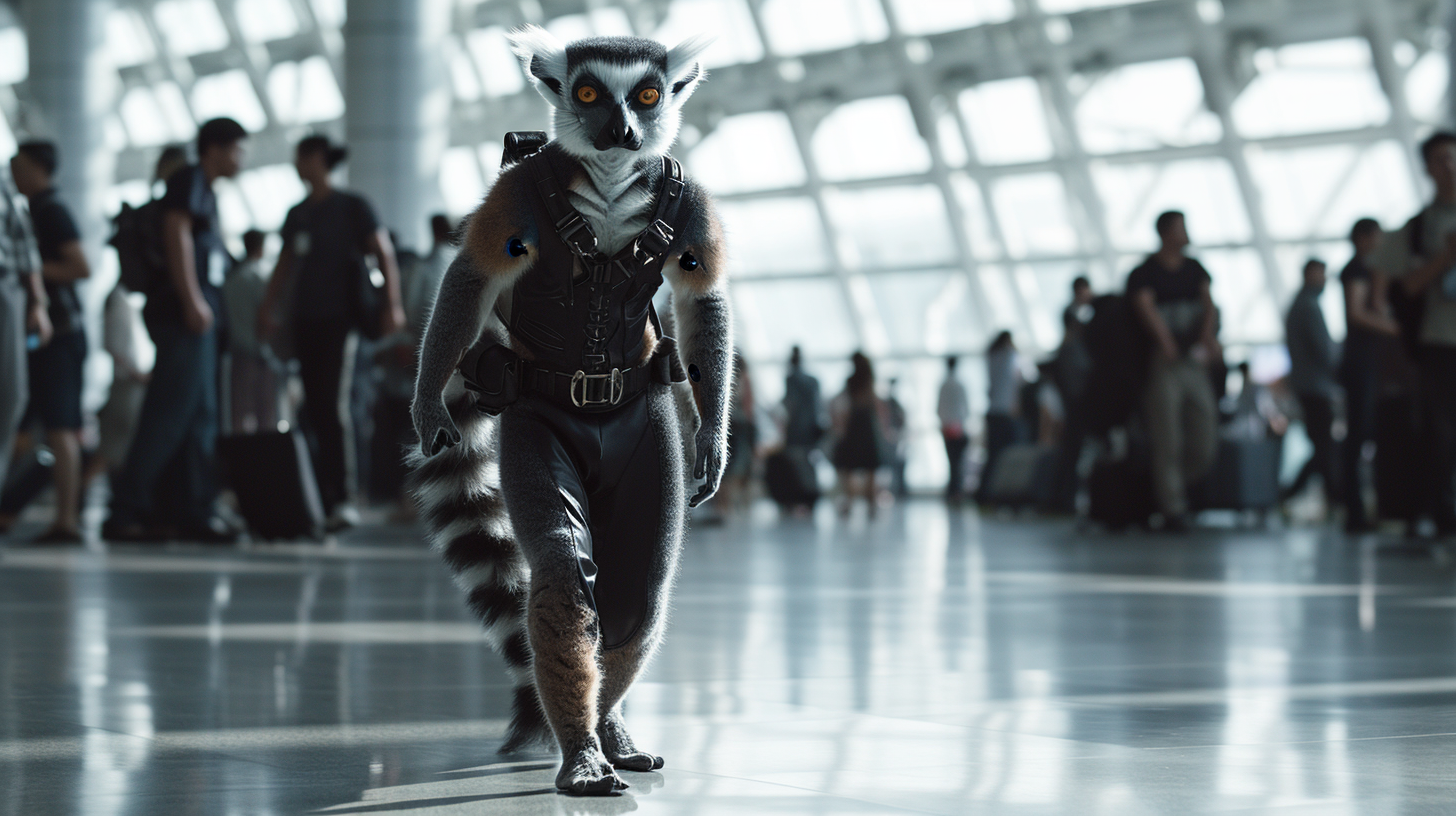 Anthro lemur walking in airport environment