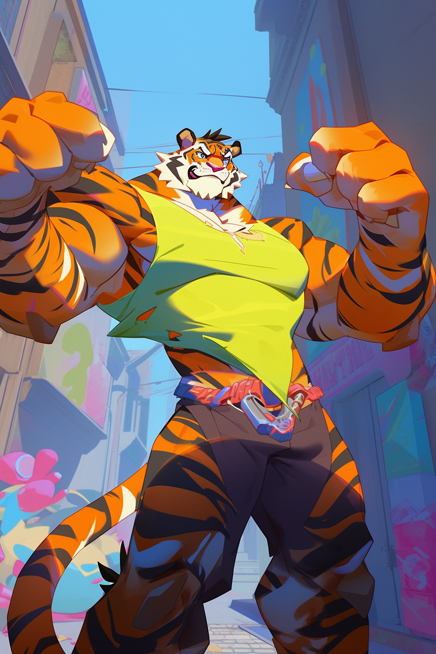 Anthro Tiger Fursona flexing biceps