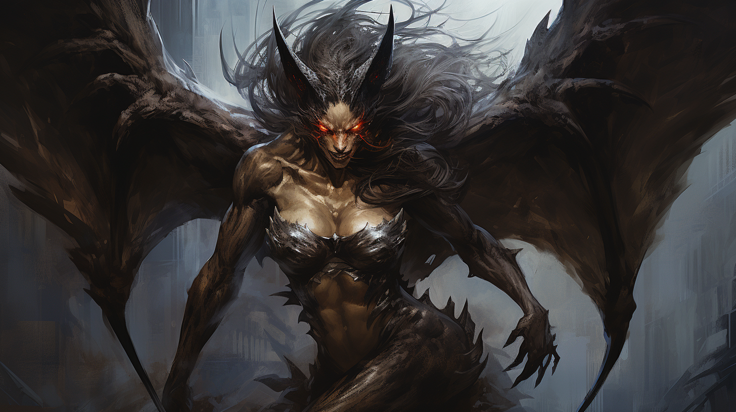 Dark and intimidating chupacabra woman with bat wings