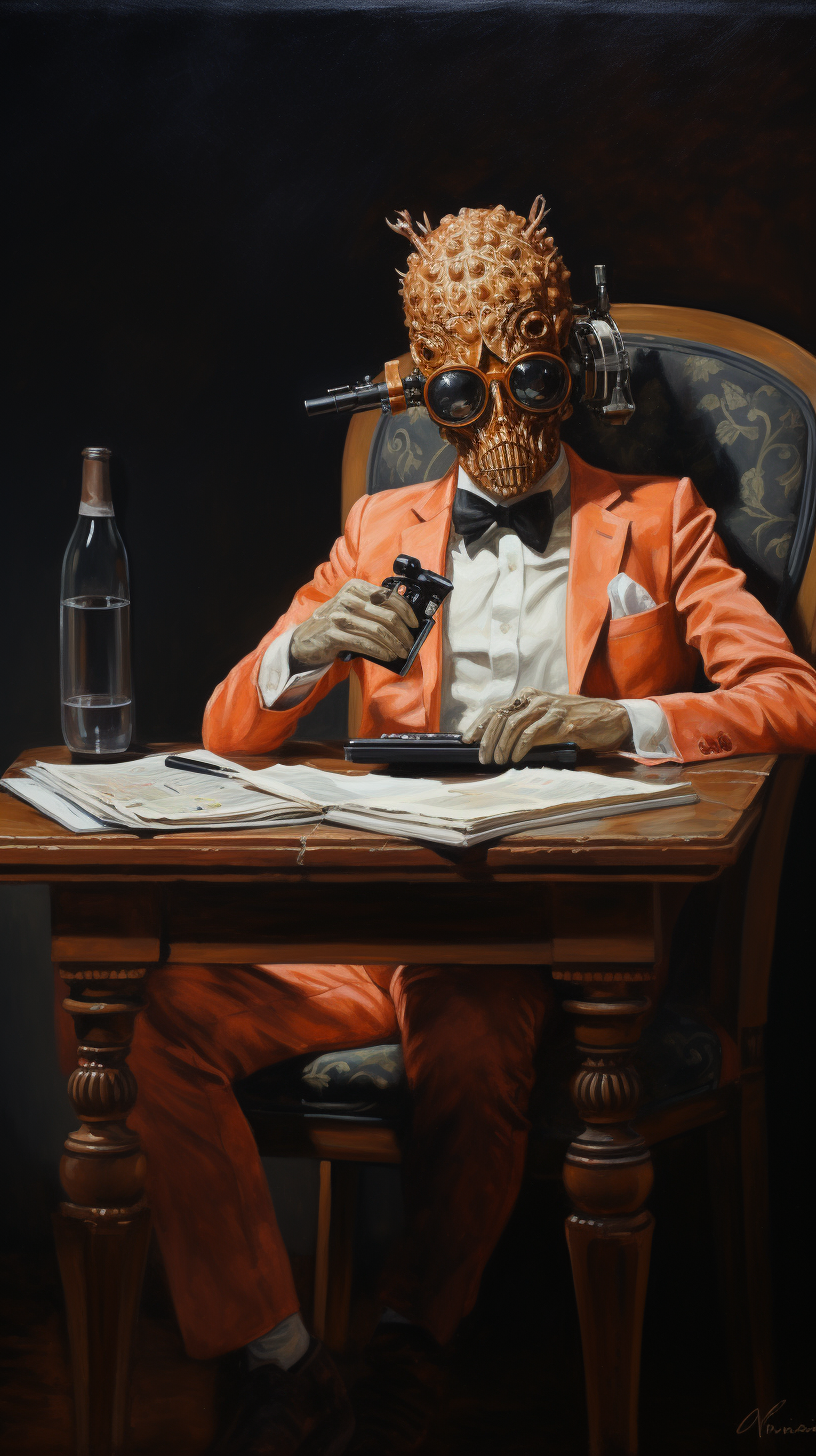 Anthropomorphic Coral at Desk with Whiskey and Handgun