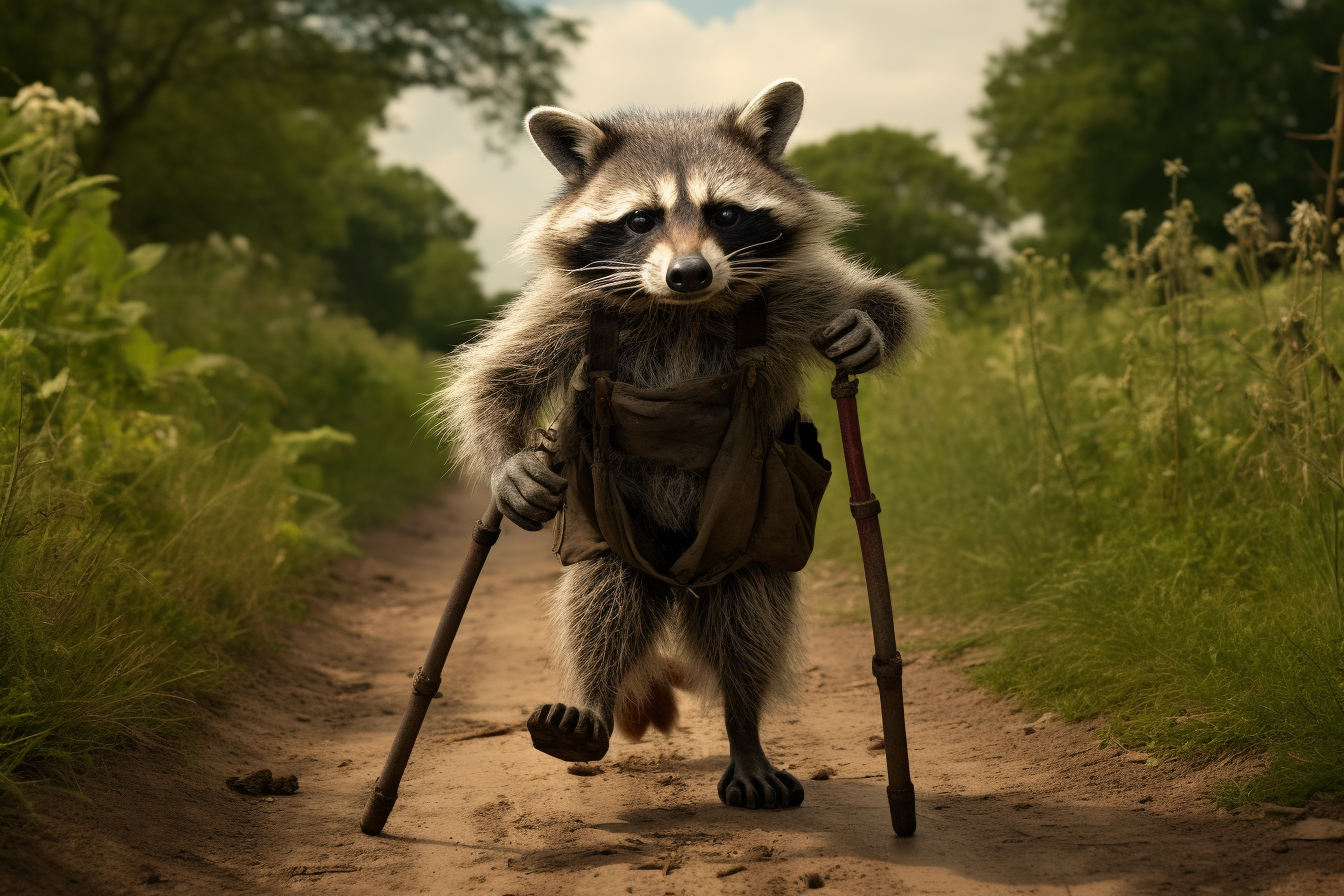 Anthropomorphic elderly raccoon using walker on a country lane