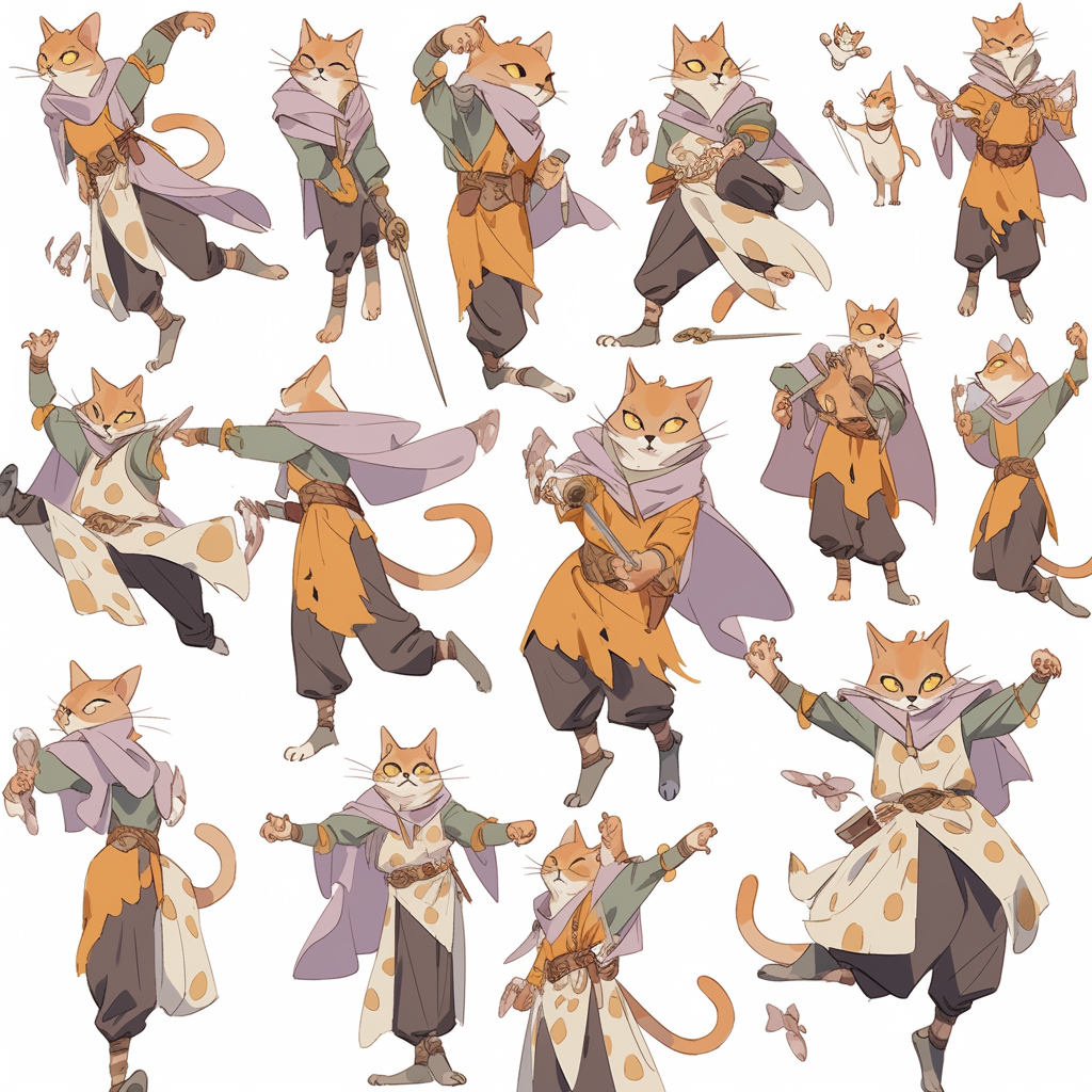 Anthropomorphic hybrid cat character in various poses