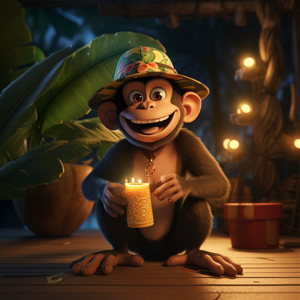 Monkey with Sly Expression in Tropical Shirt and Sailor Hat