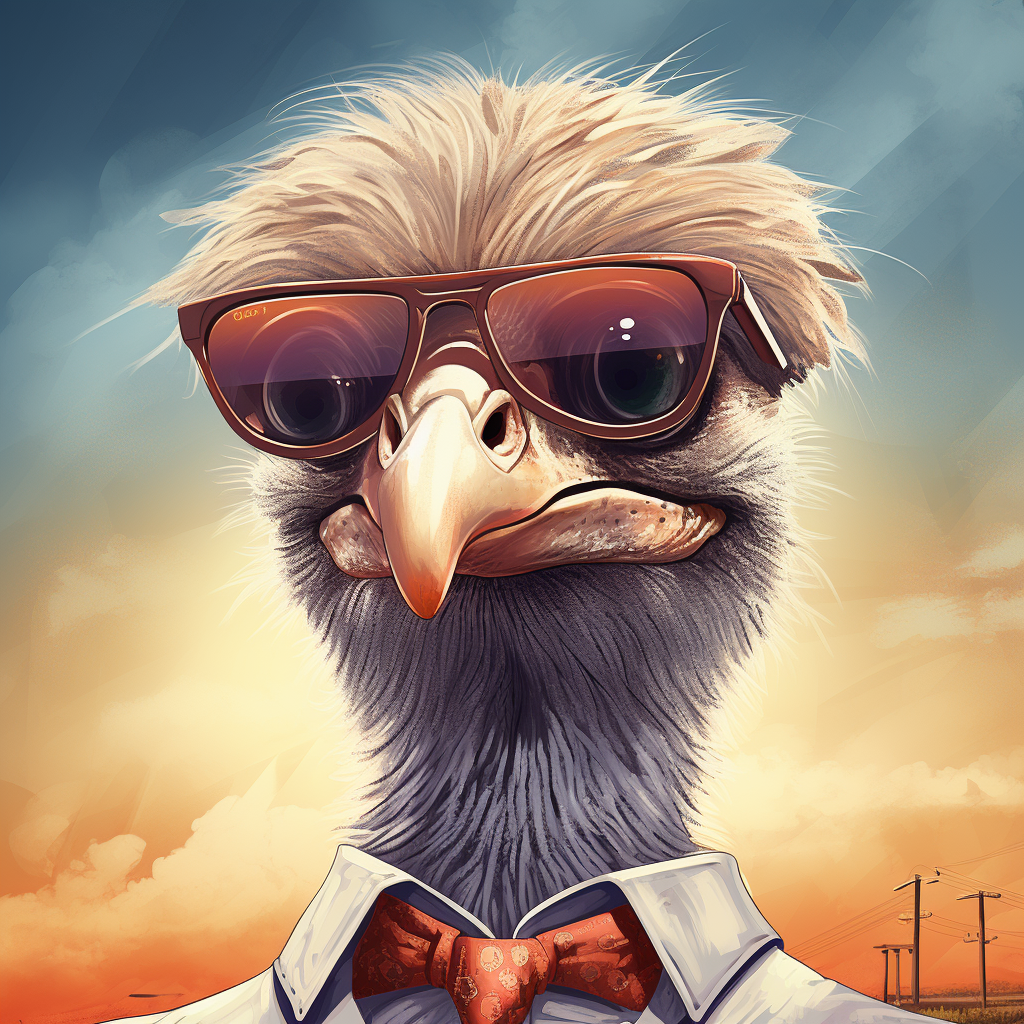 Humorous ostrich with sunglasses on reality show