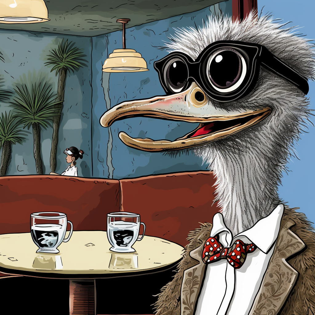 Humorous ostrich with sunglasses talks to restaurant