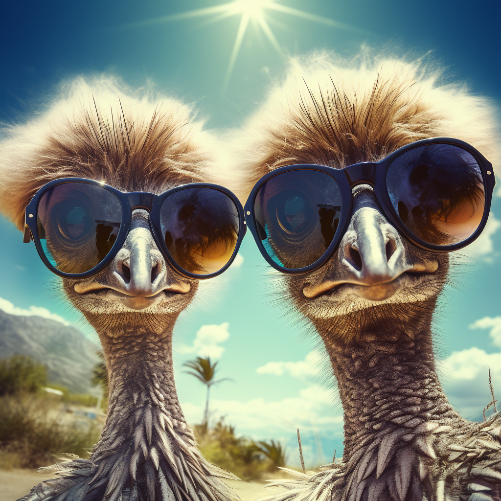 Two cool ostriches with sunglasses and cygarettes