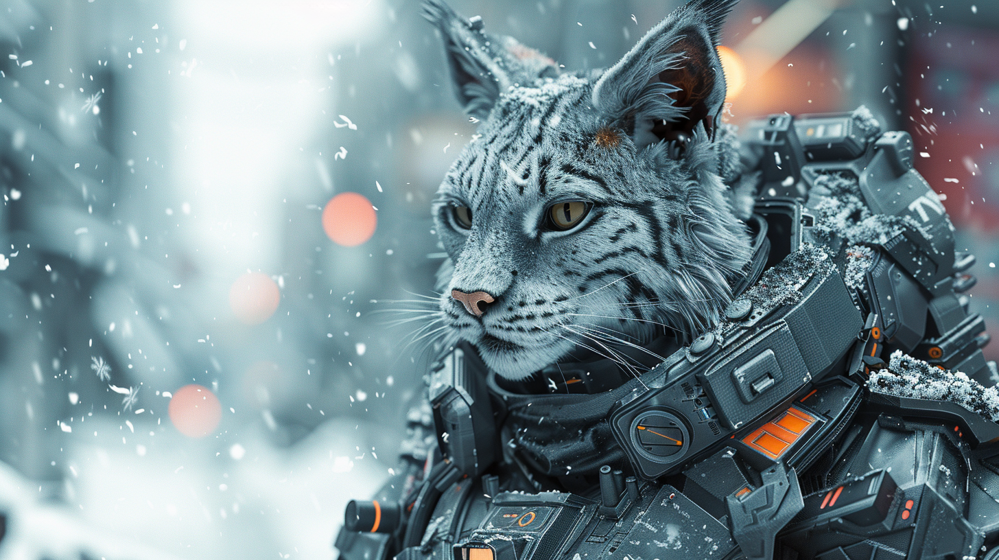 Snow lynx with cyberpunk armor