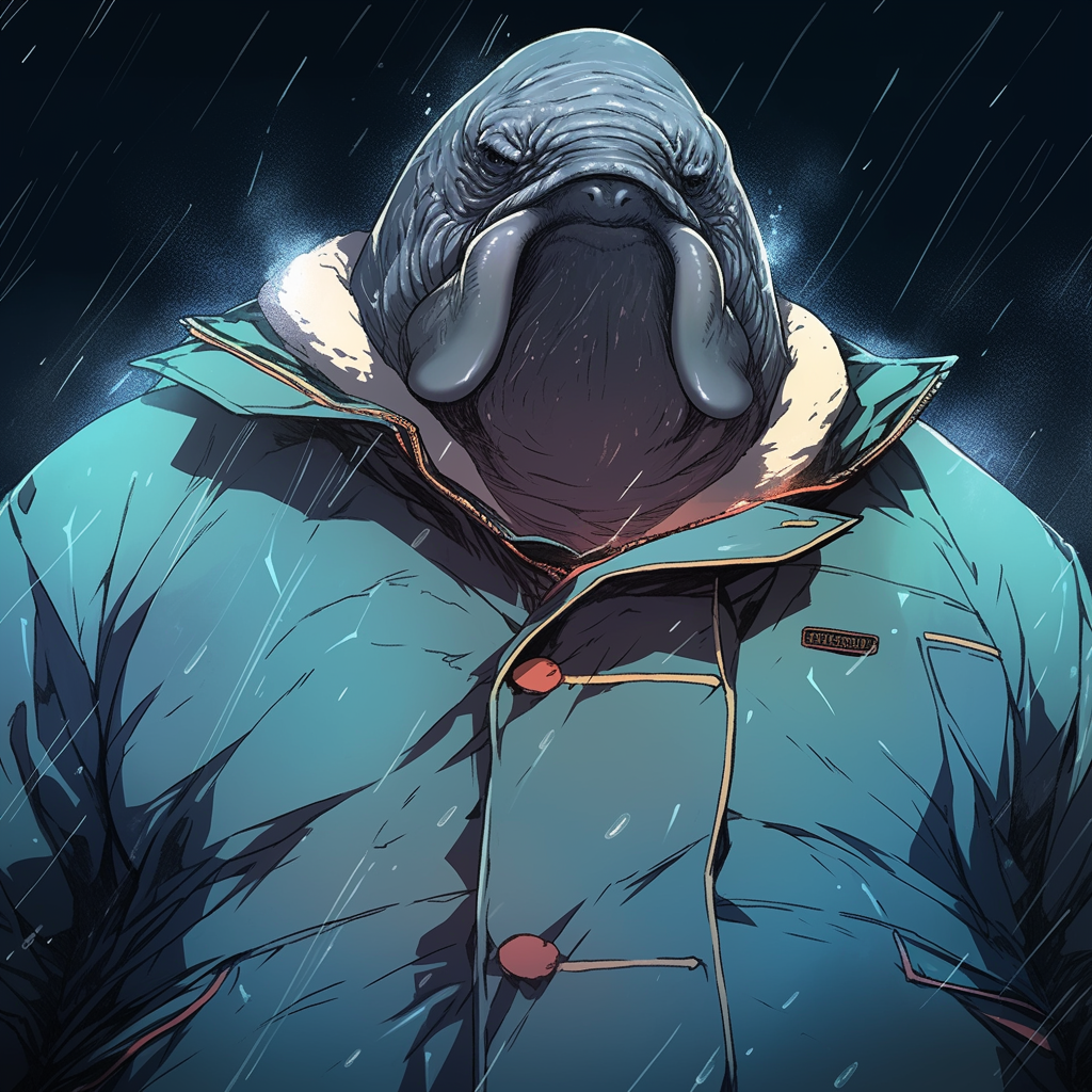 Anthropomorphic walrus in heavy rain