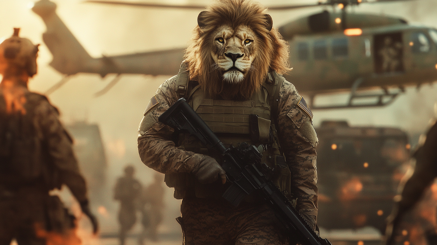 Lion in realistic military attire