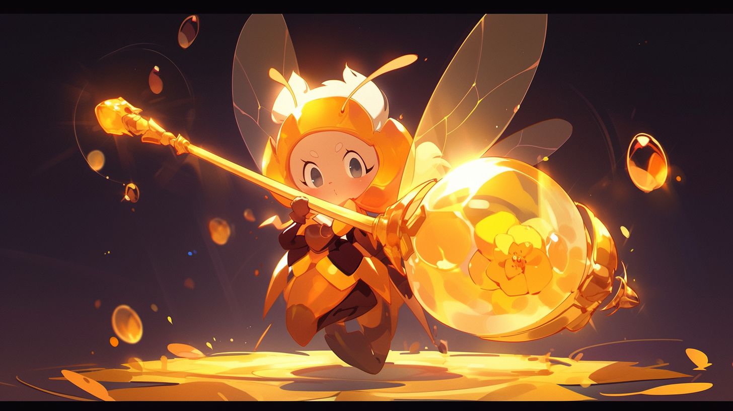 Cheerful honey bee character with glowing sword and shield bubble